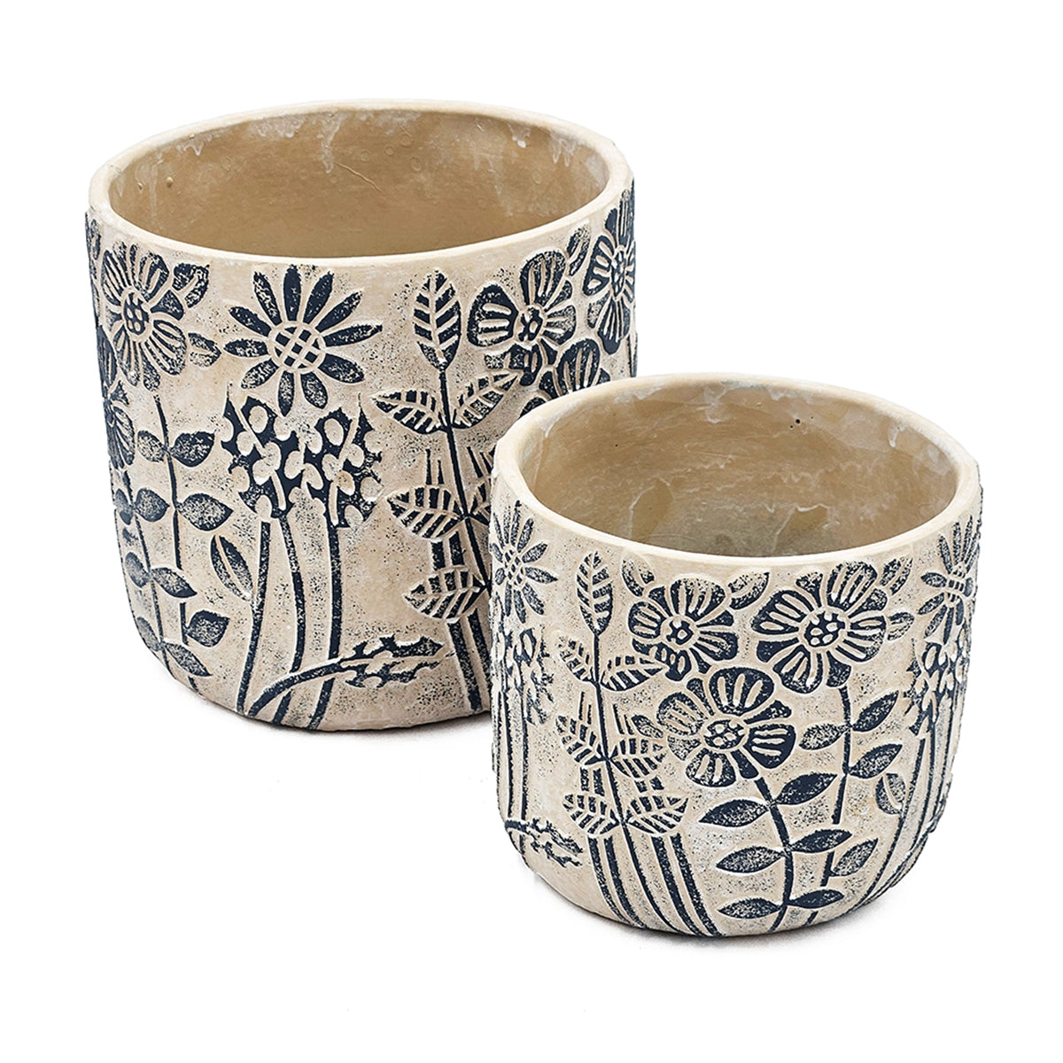 S/2 Gray Sand and Cement Planters with Blue Floral Motif, L:D7x6.7" S:D5.5x5" - image 3