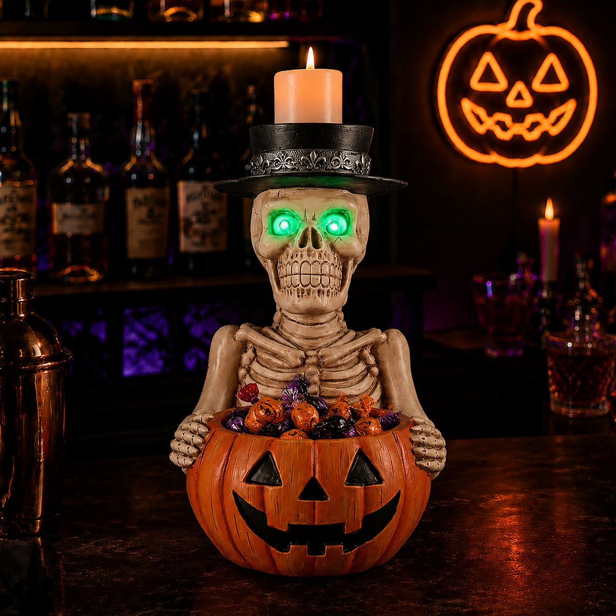 Halloween Skeleton Figurine with Pumpkin Candy Bowl & Candle Holder, Spooky Table Decor for Halloween - image 11