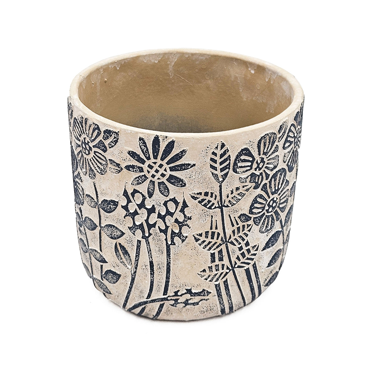 S/2 Gray Sand and Cement Planters with Blue Floral Motif, L:D7x6.7" S:D5.5x5" - image 7
