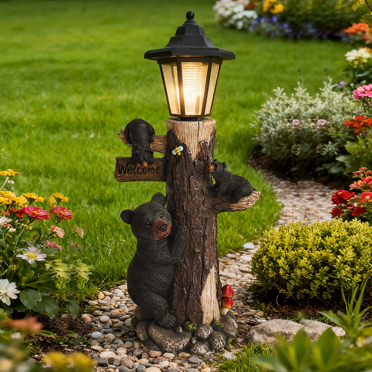 Black bear statue welcome sign garden statue with solar light, 19-inch resin bear family on tree, outdoor bear decoration for courtyard, garden, lawn, yard, perfect gift for Thanksgiving, Christmas, M