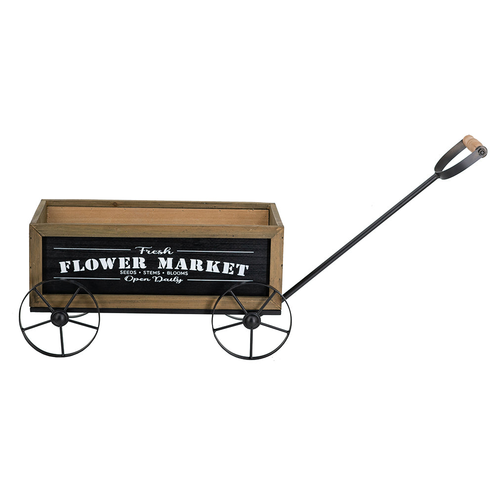 16.5x9.5x8" Rustic Wooden Wagon Planter with Black Iron Wheels and Handle - image 4