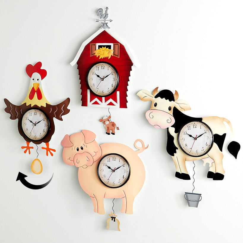 Clock Pendulum Country Theme Cow Pig Barn Rooster