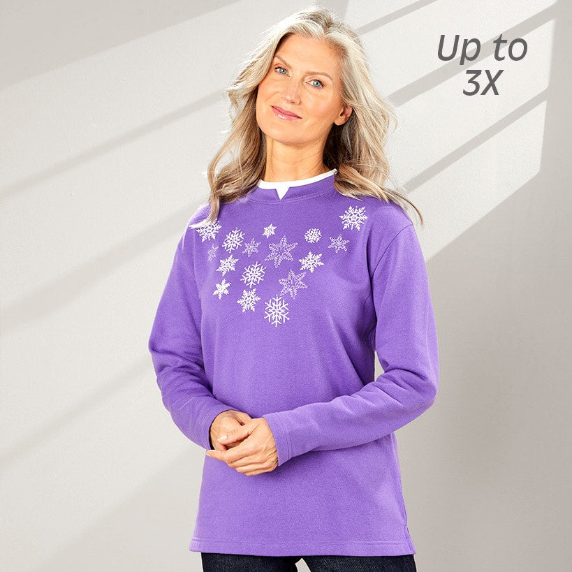 Women's Holiday Sweatshirt with Embroidered Snowflakes