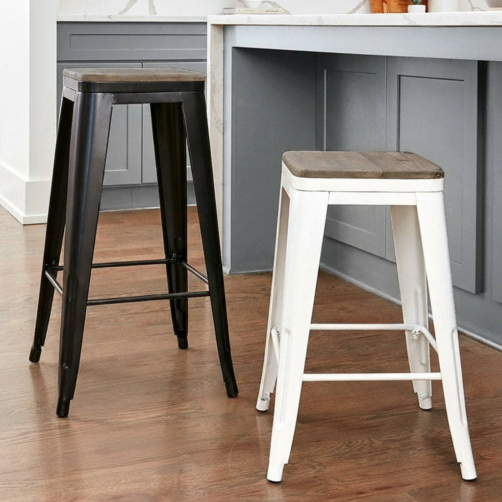 Backless Metal Barstool with Wood Square Seat - 24"H or 30"H