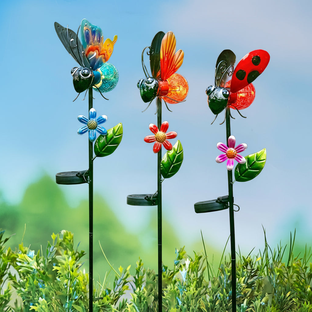 Solar Garden Stakes with Insect Designs – Ladybug, Butterfly, and Bee