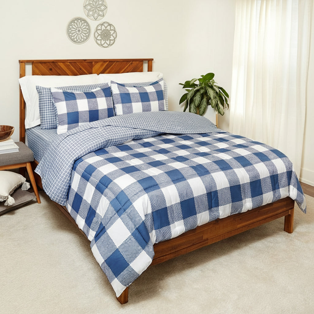 Blue Plaid Reversible Queen or King Complete Comforter Set