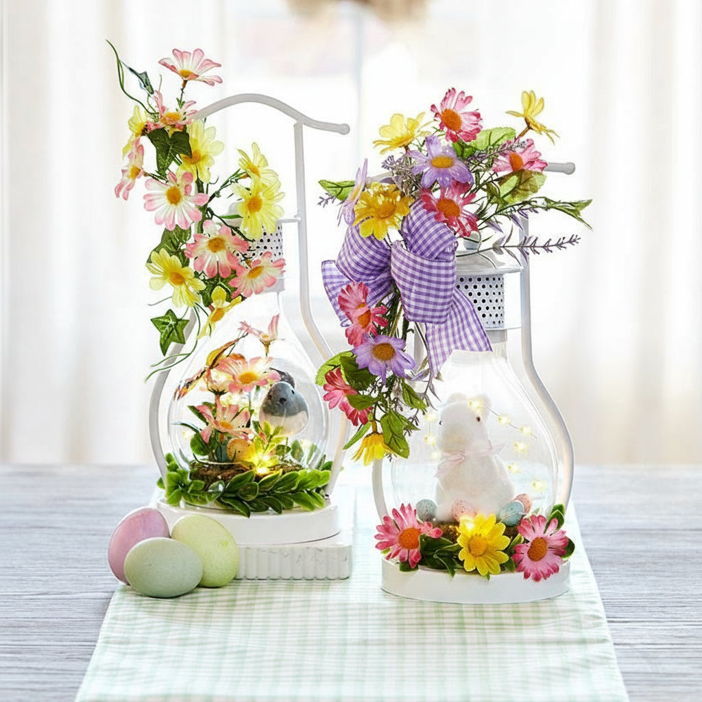 Spring Themed Lighted Lanterns With Flowers - Bird or Bunny