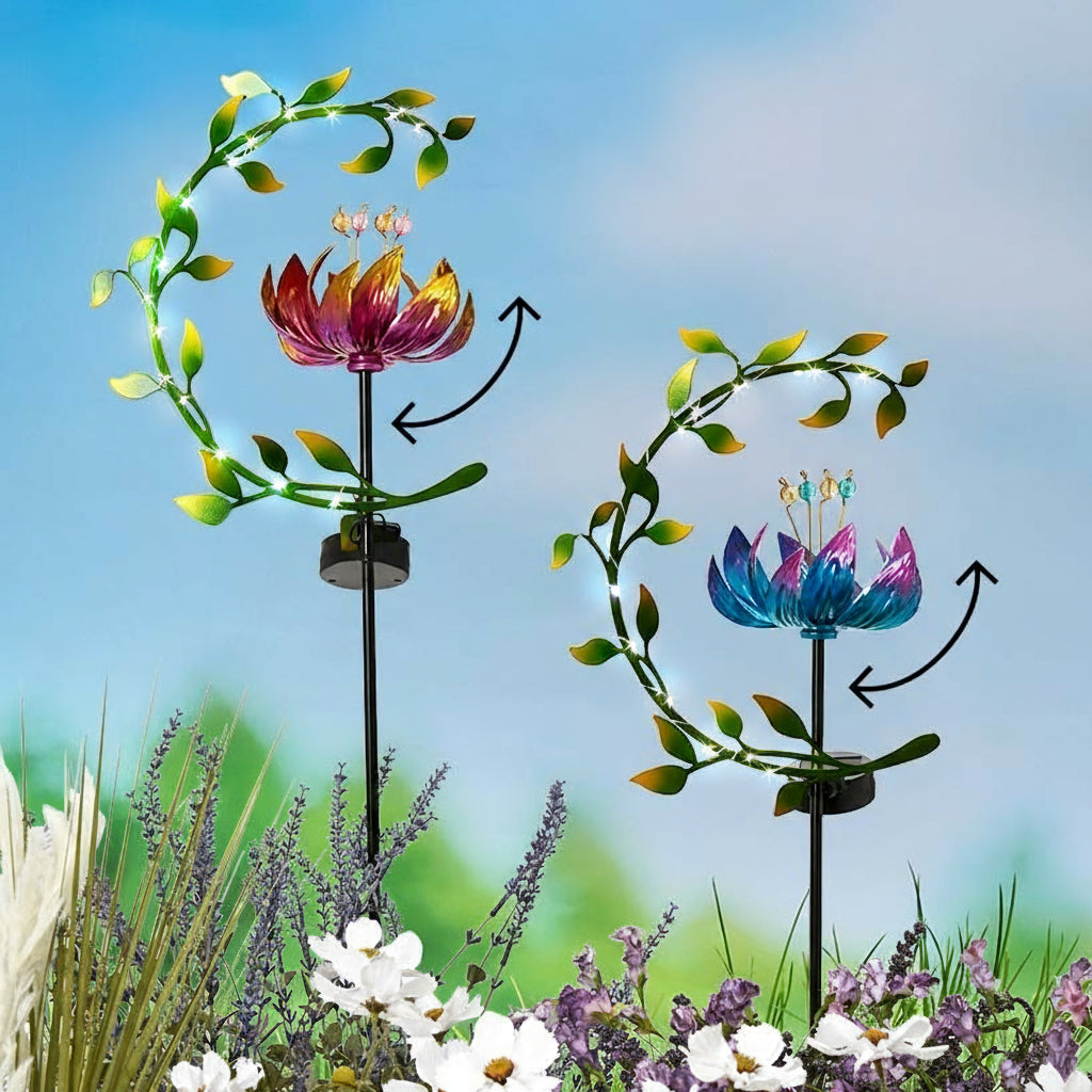 Solar Flower and Leaves Wind Spinner Garden Stake Red or Blue