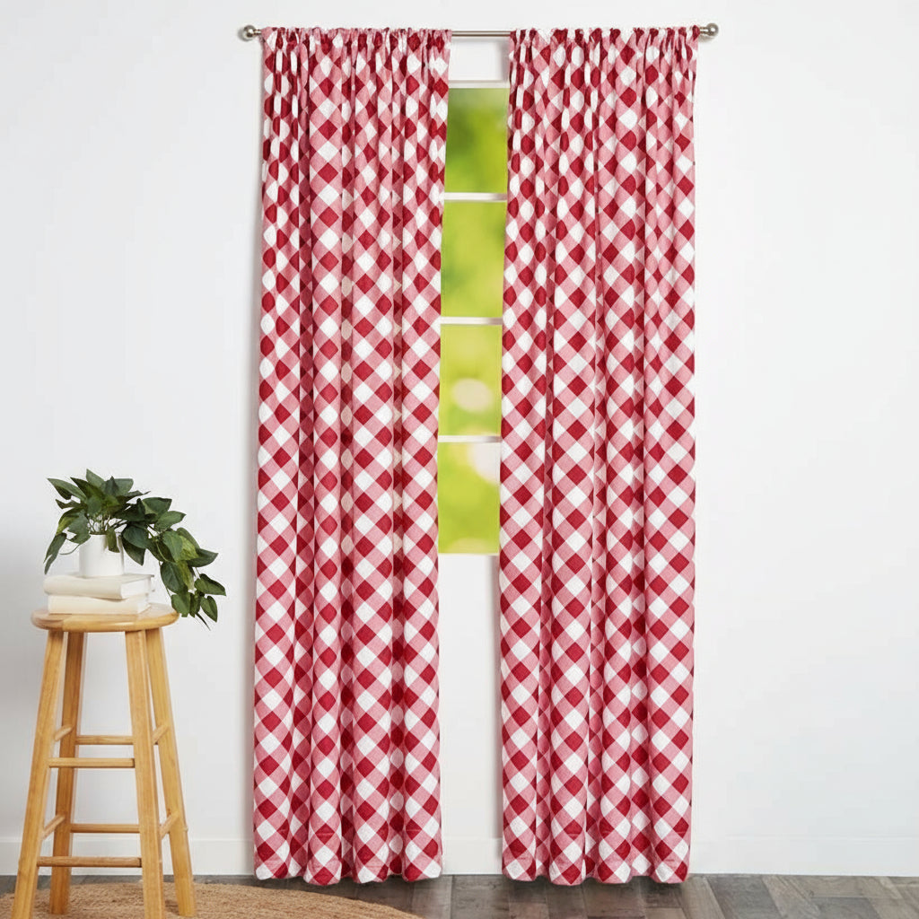 Red and White Check Pattern Window Panel 50" x 63"