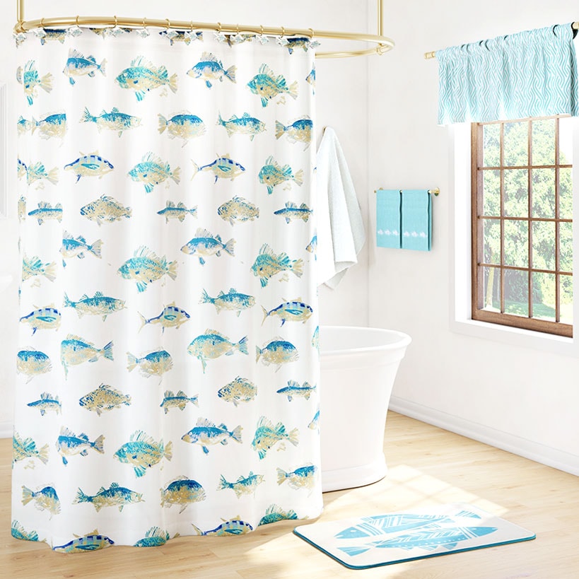 fish bathroom hooks The Lakeside Collection Tisa Fish Shower Curtain, Bath Rug, Hand Towels, Valance, or Hooks