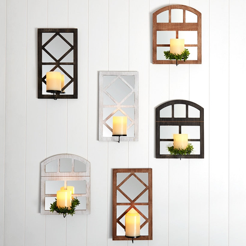 Windowpane Mirror Wall Sconce With Candle - Black, Natural, or White