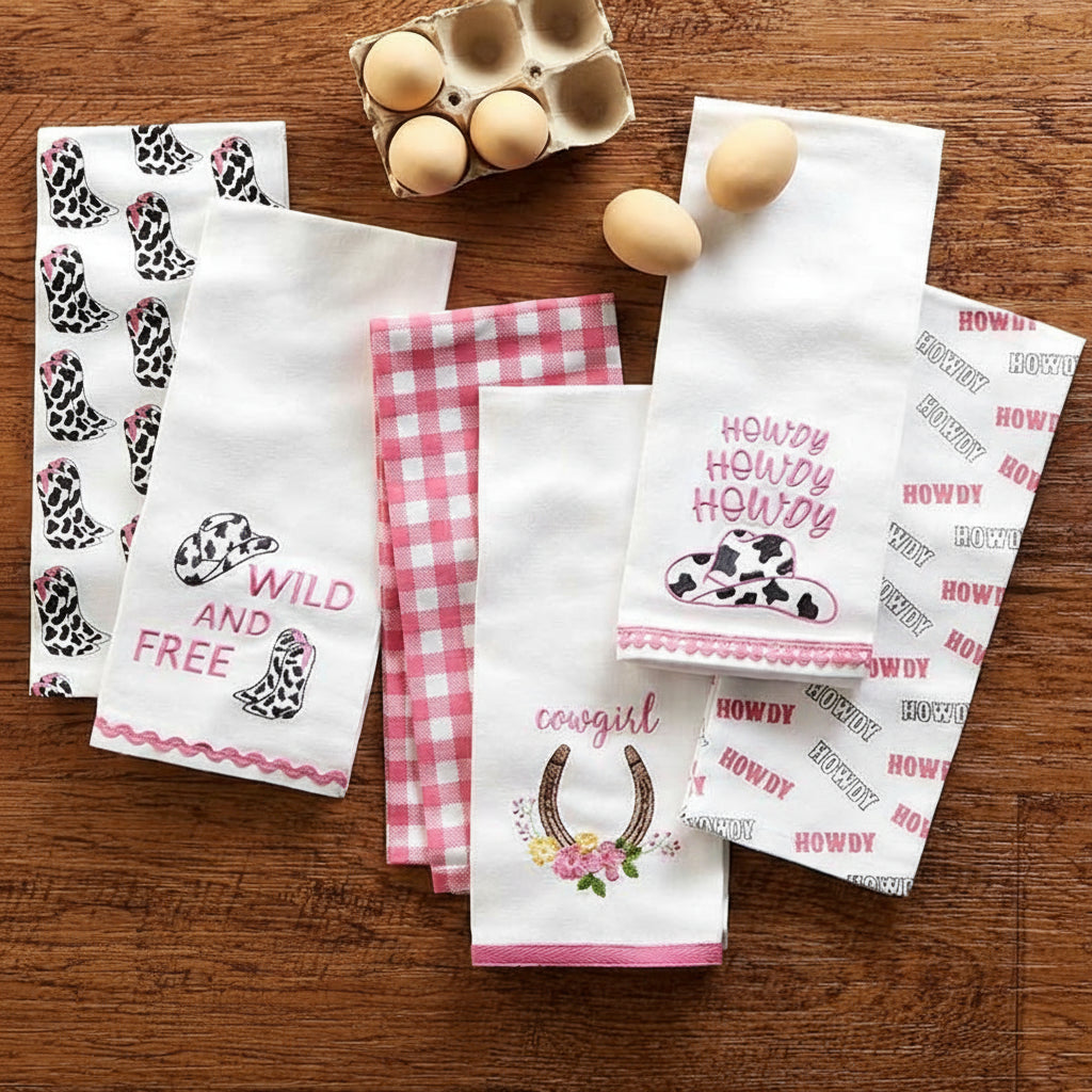 Cowgirl Themed Embroidered Kitchen Towels, Set of 2