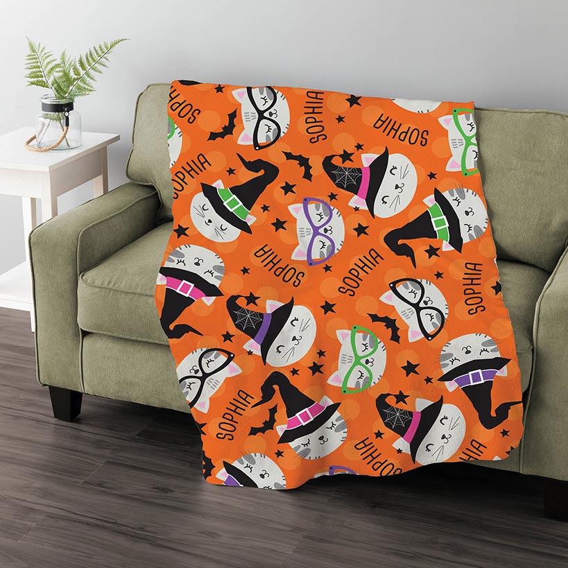 Personalized Halloween Cat Plush Blanket