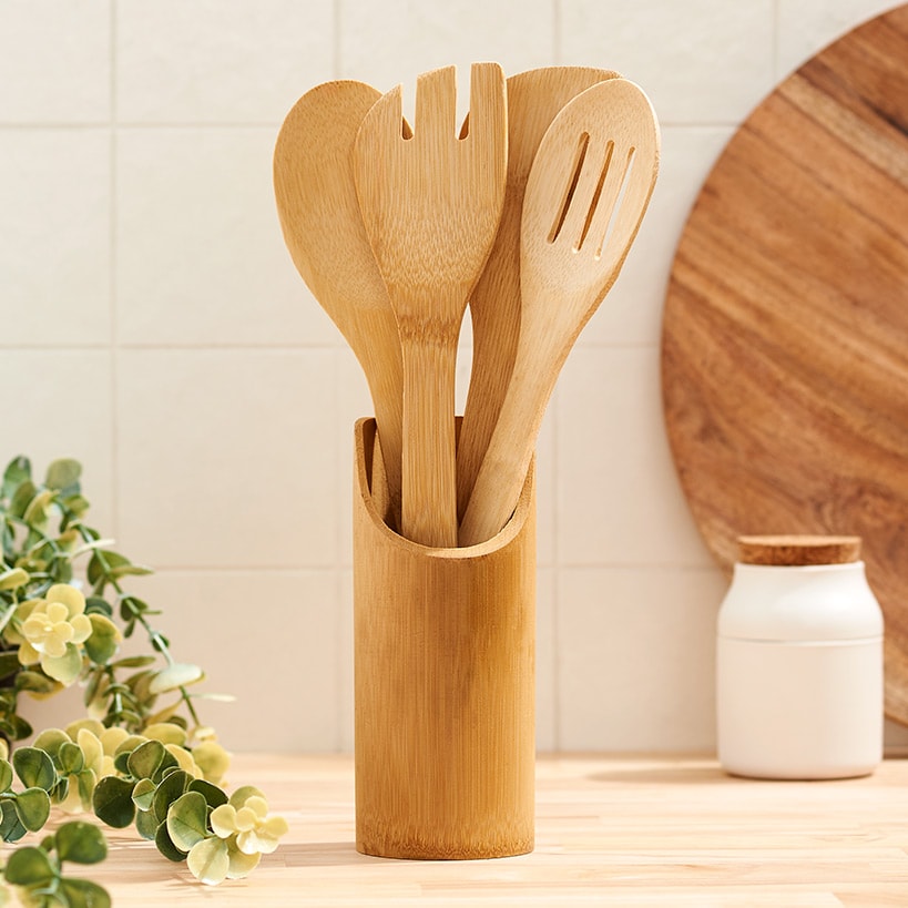 Kitchen Utensil Set in Bamboo with Matching Crock