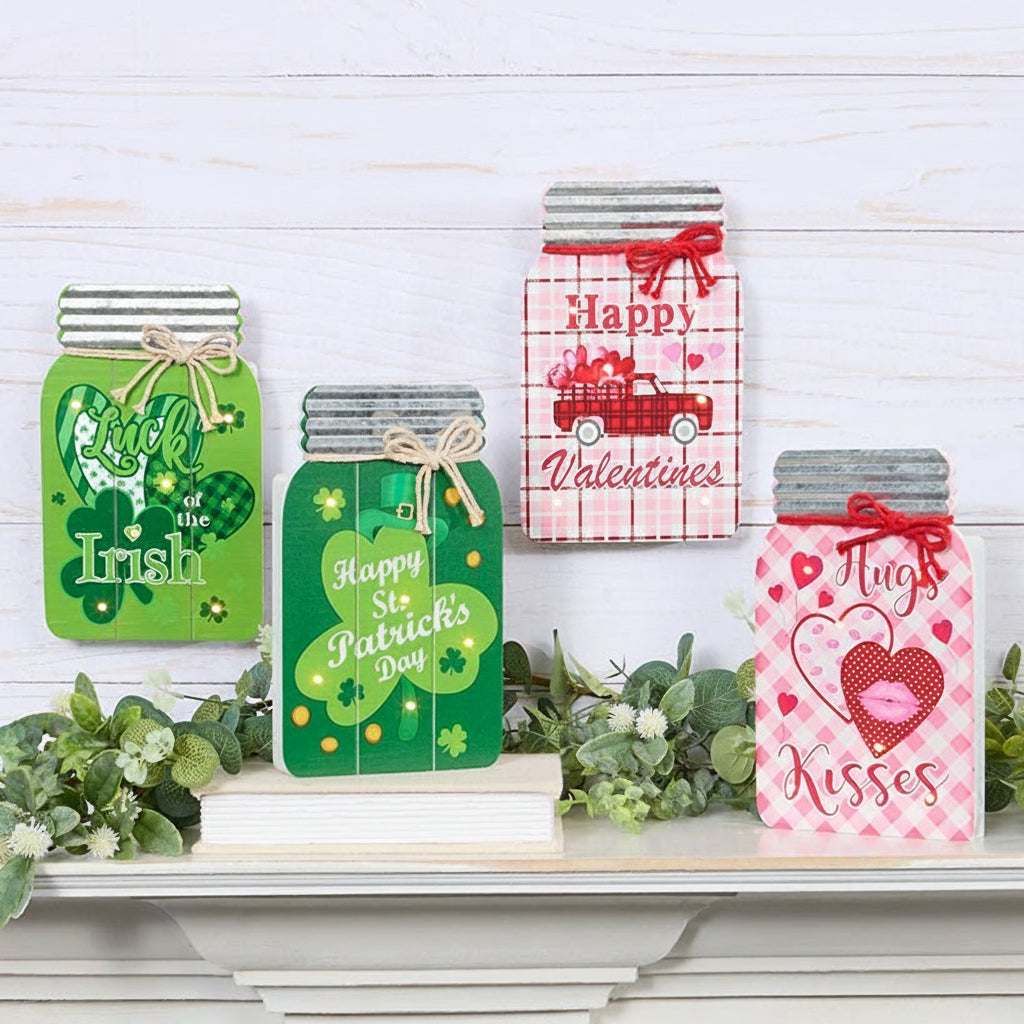 Valentine's and St Patrick's Lighted Mason Jar Wall Plaque With Saying