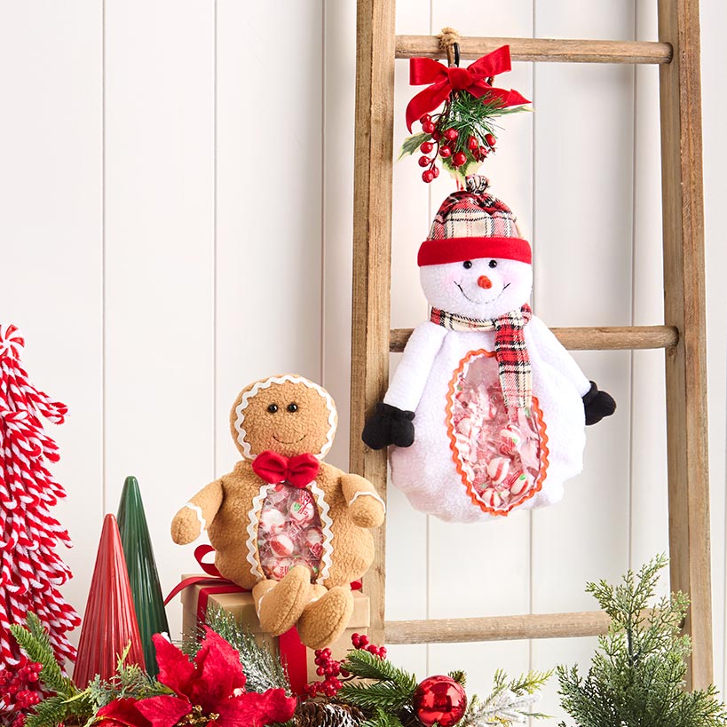 Plush Holiday Candy Treat Bag - Snowman or Gingerbread Man