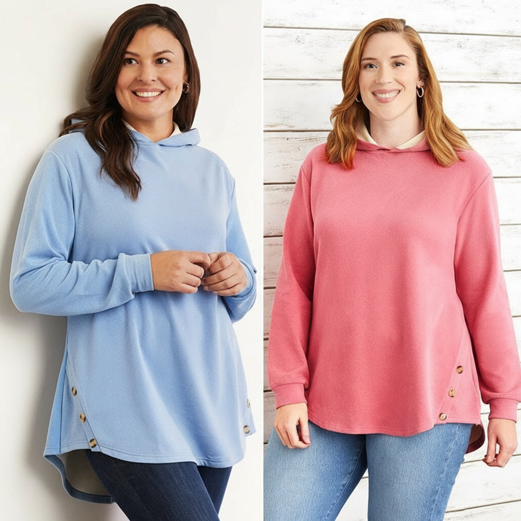 Women's Long-Sleeve Hooded Pullover with Decorative Buttons