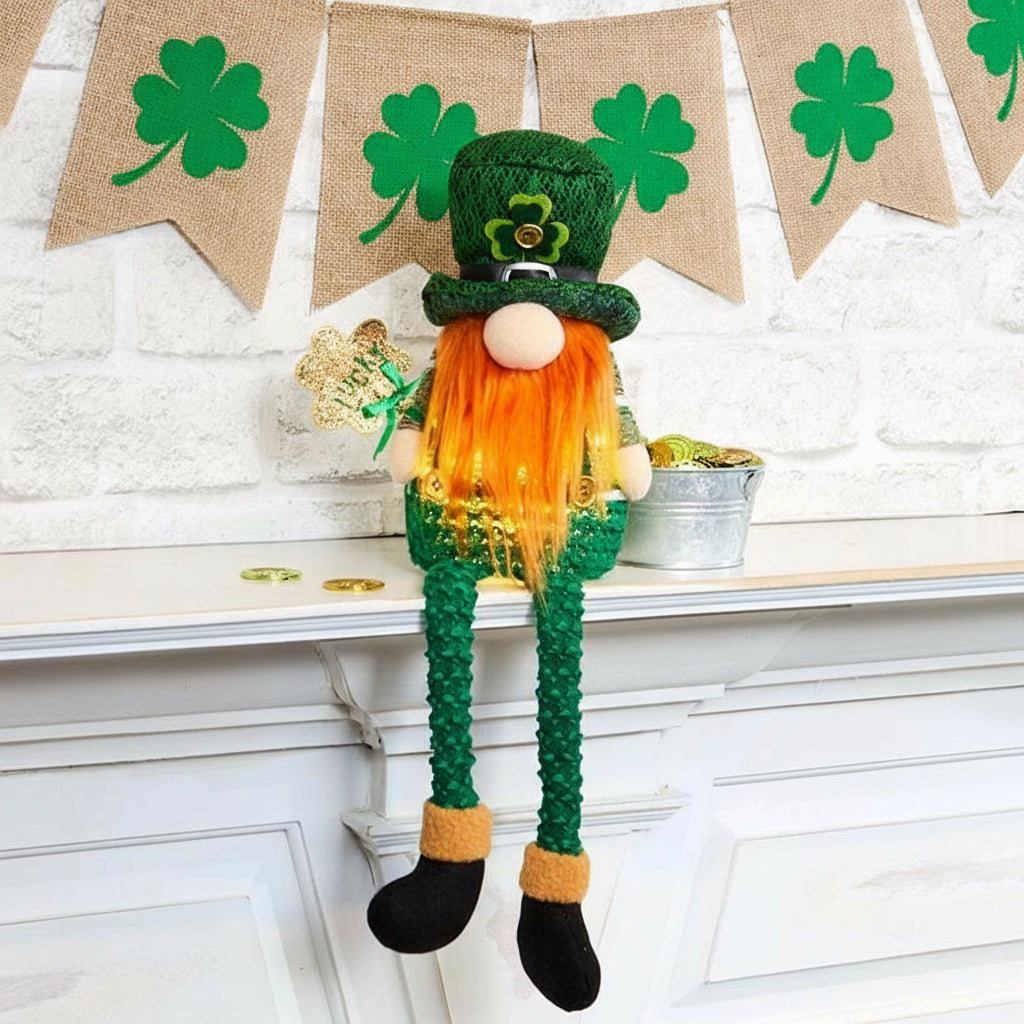 St Patrick's Lighted Green Leprechaun Gnome Shelf Sitter