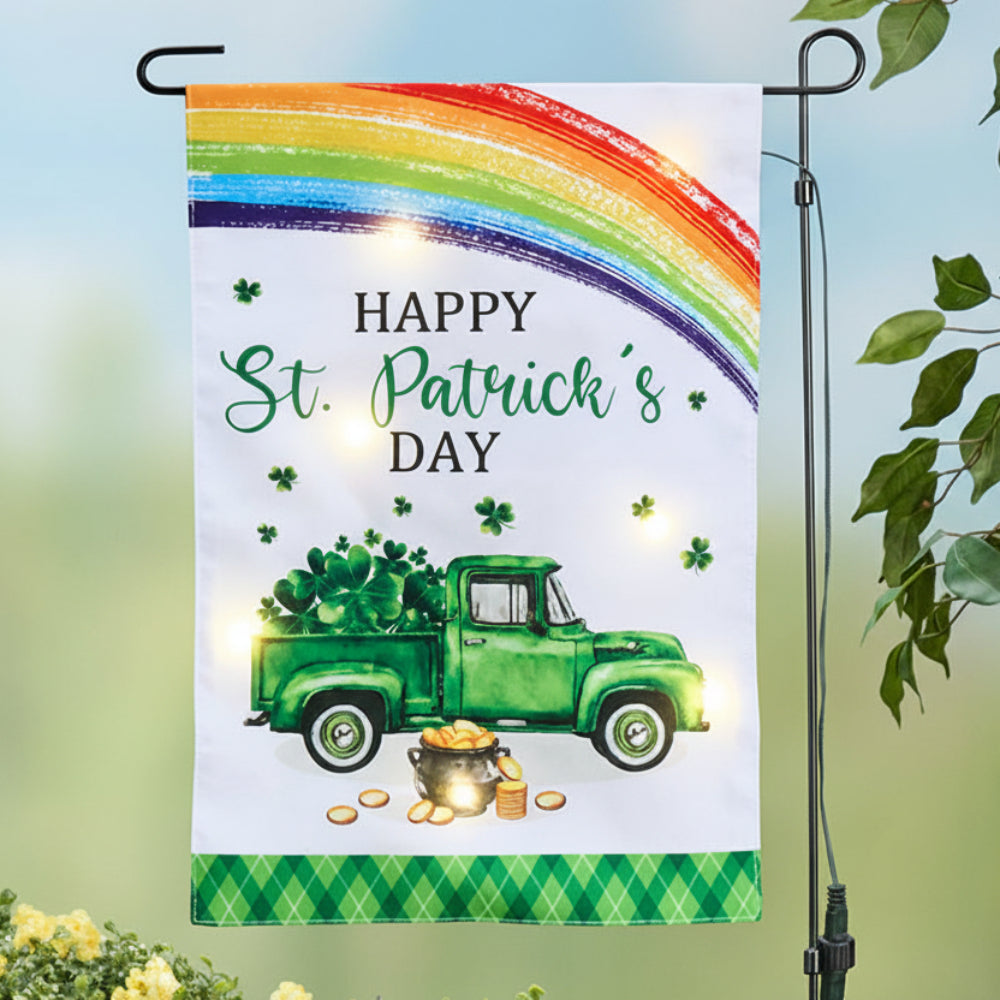 St Patricks Garden Solar Flag And Pole With Green Truck And Rainbow