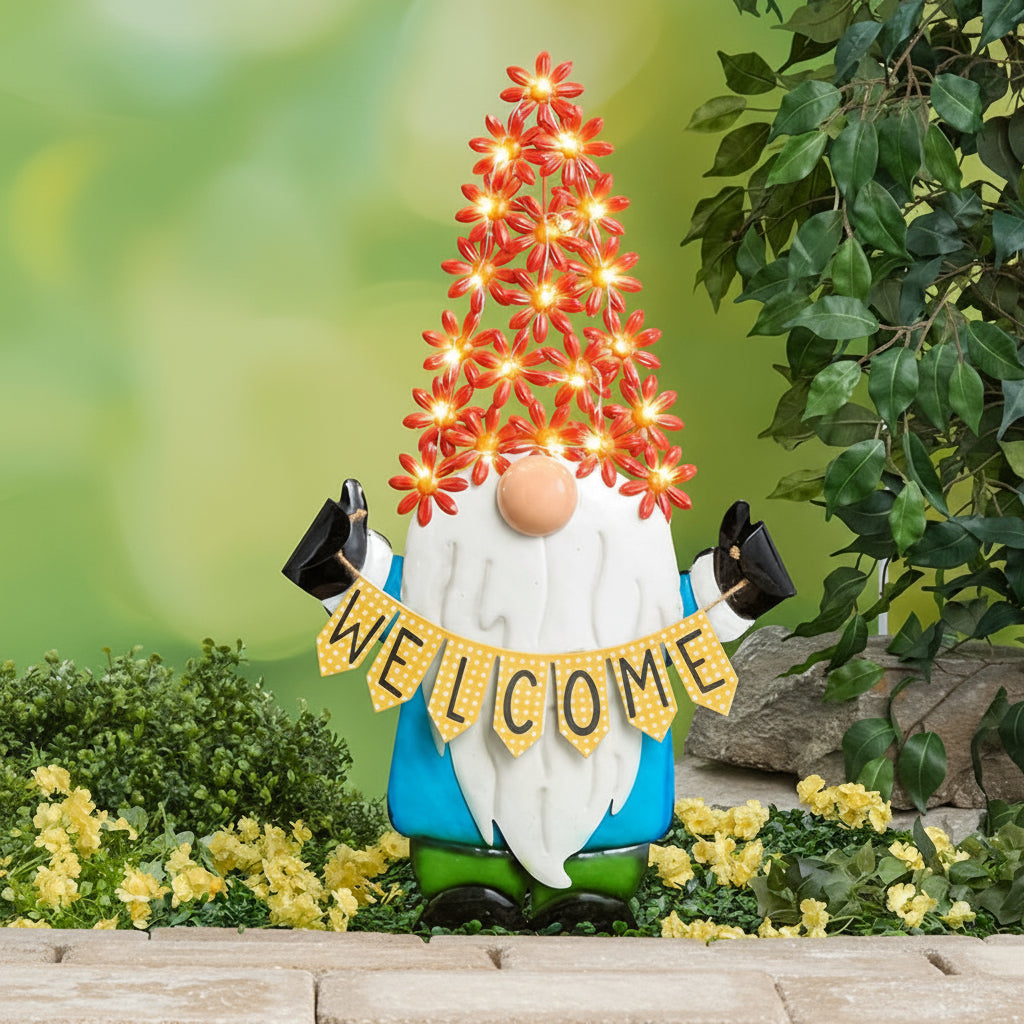Welcome Gnome With Solar Flower Hat Garden Stake