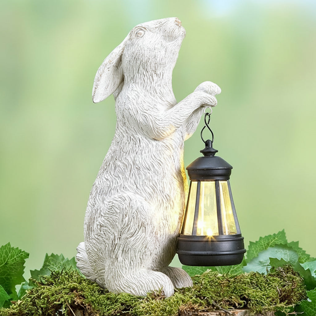 Solar White Bunny Garden Statue Holding Lantern