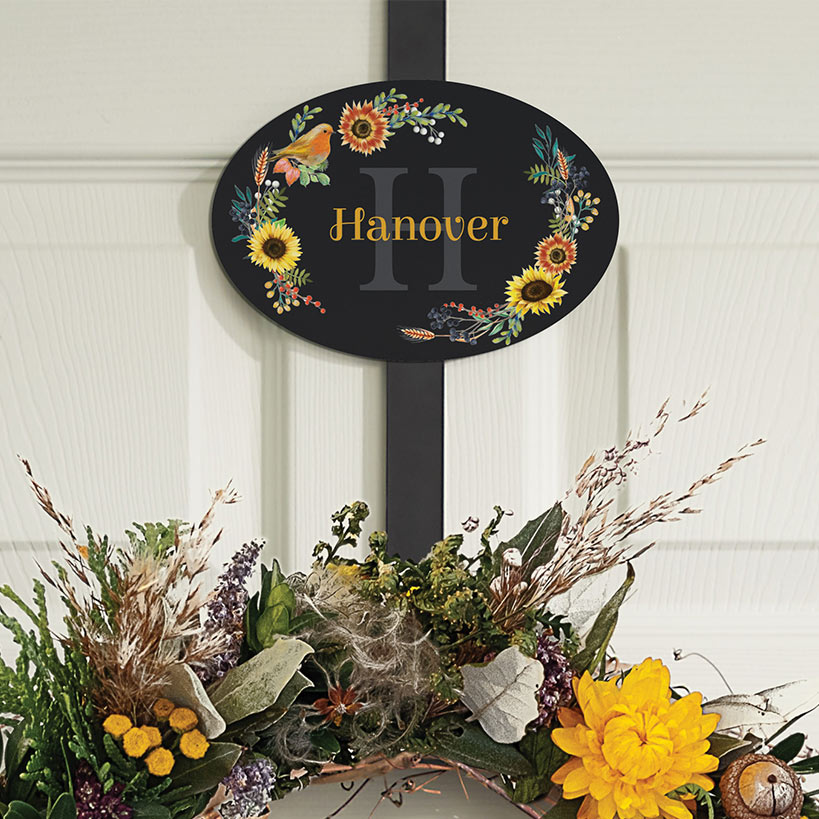 Personalized Fall Floral Name & Initial Wreath Hanger or Oval Metal Plaque