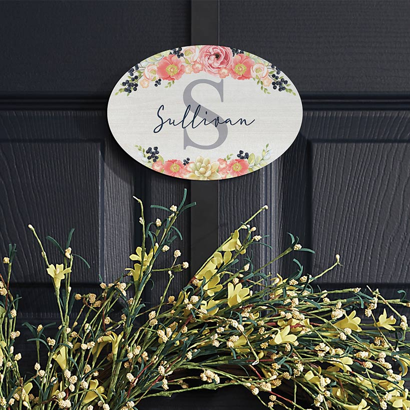 Personalized Spring Floral Name and Initial Wreath Hanger or Oval Plaque