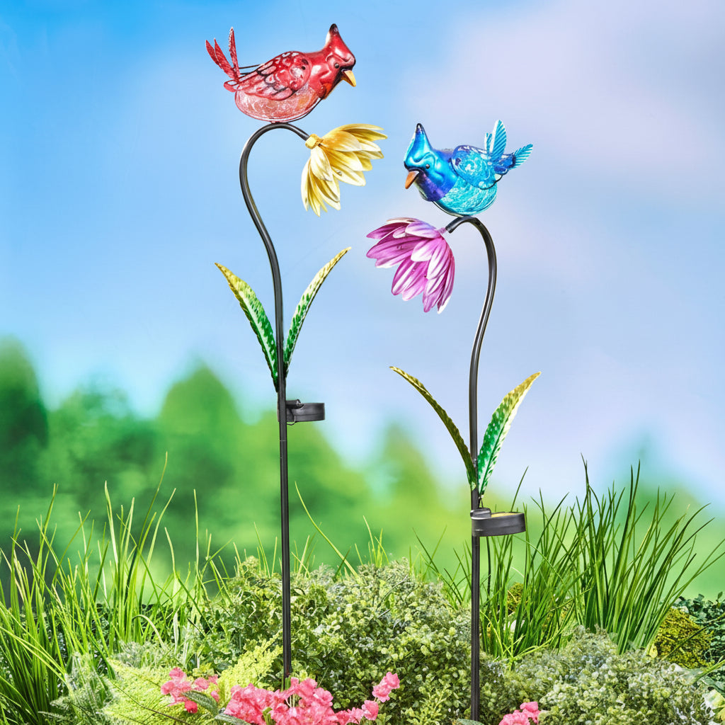 Solar Flower With Perched Bird Garden Stake - Blue or Red