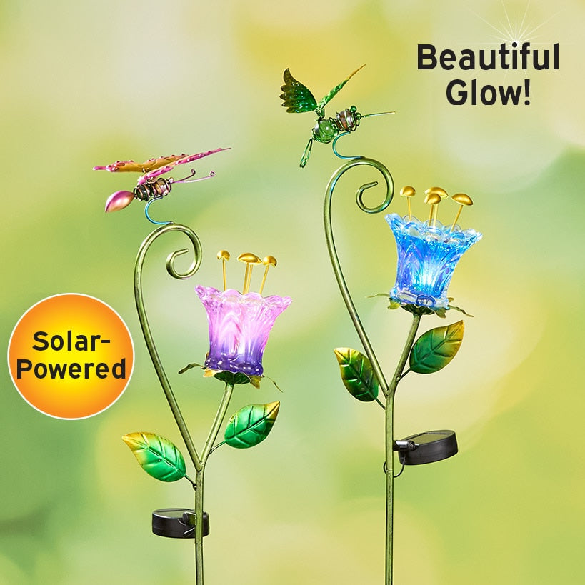 Solar Glass Flower Garden Stake - Butterfly or Hummingbird