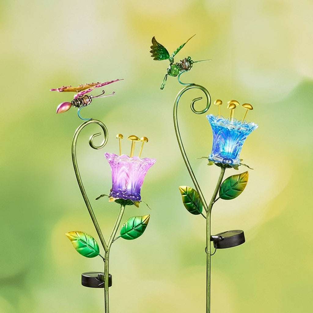Solar Glass Flower Garden Stake - Butterfly or Hummingbird