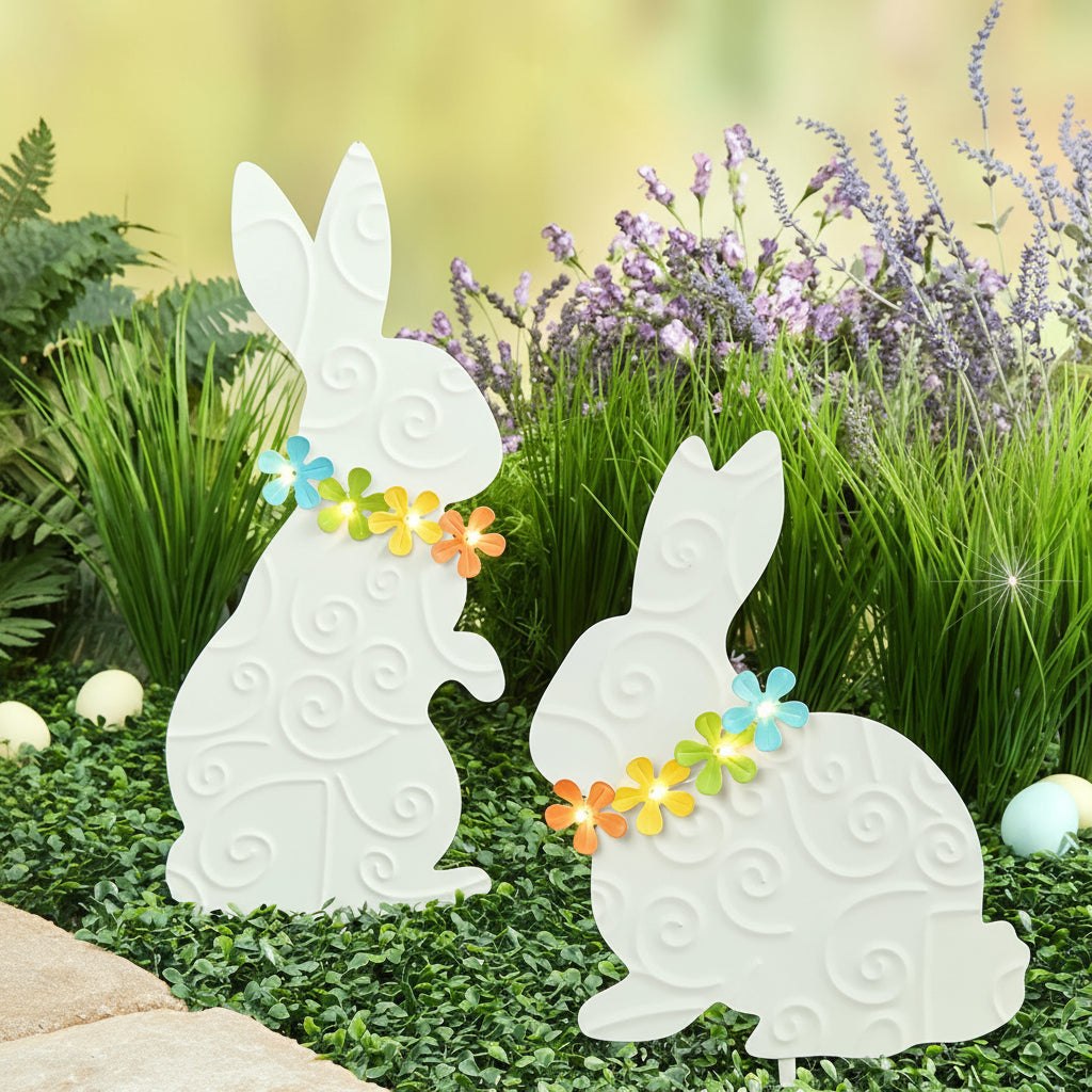 Easter Bunny With Solar Flowers Stake - Sitting or Standing