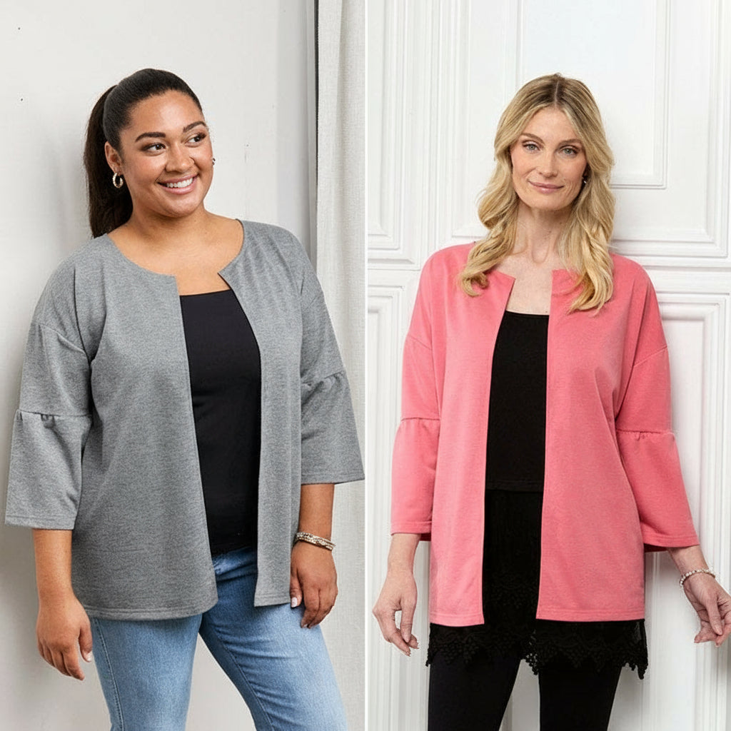 Open Front Cardigan with Ruffle 3/4 Sleeve