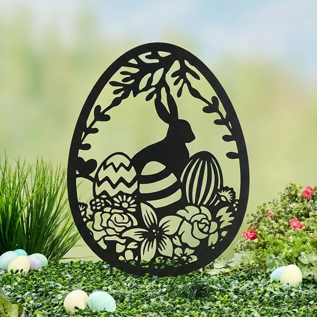 Easter Egg Silhouette Stake With Bunny And Flowers