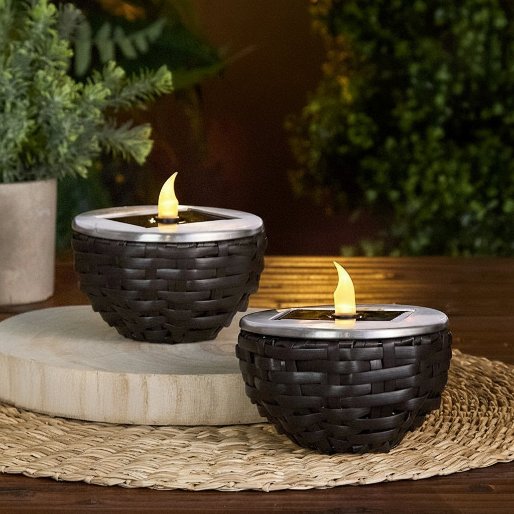 Solar Rattan-Like Candle Flame Lamp - Set of 2
