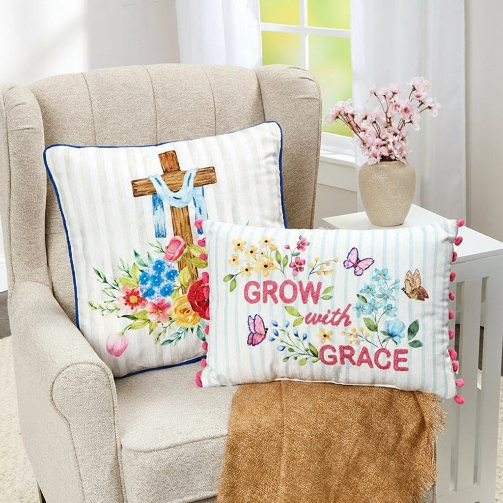 Easter Religious Cross Butterflies Embroidered Decorative Pillow