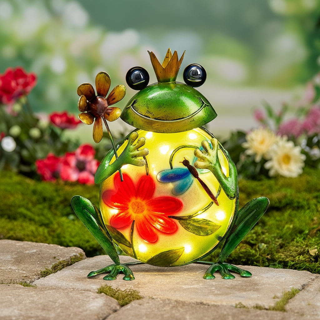 Solar Vibrant Frog Garden Statue With Flowers