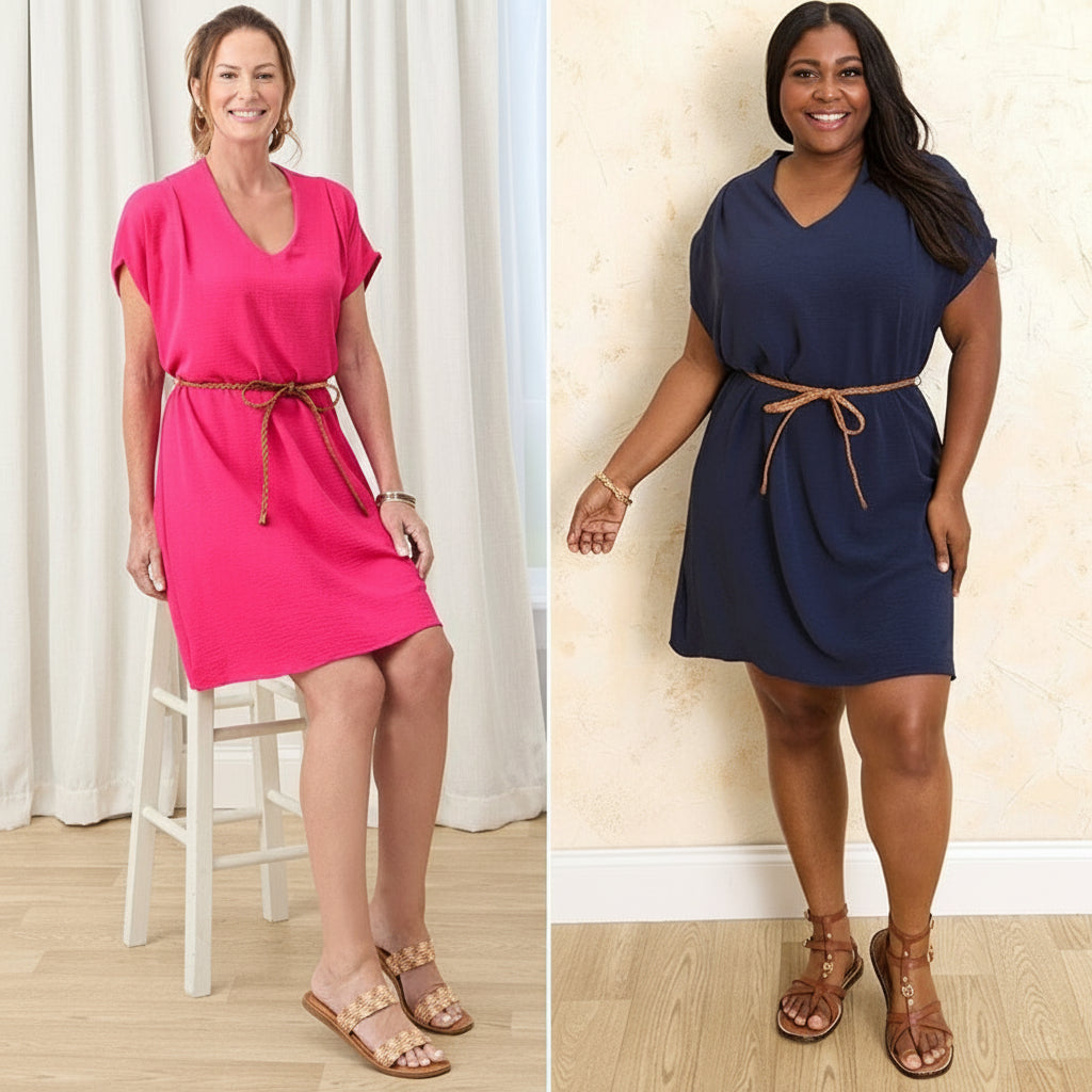 Women's Dolman V-Neck Dress with Braided Belt