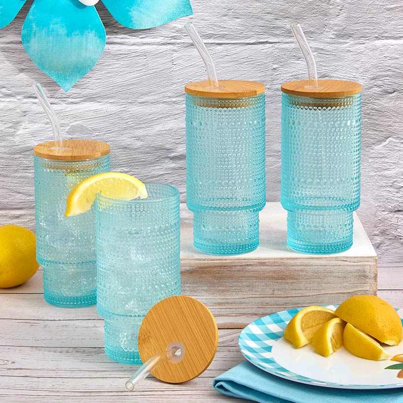 Hobnail Blue Glasses with Bamboo Lids and Glass Straws - Set of 4