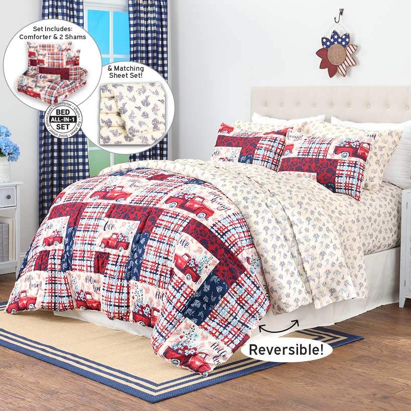 Summer Plaid Truck Complete Comforter Set with Sheets