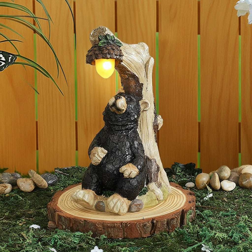 Bear Statue Lodge Themed For Garden With Solar Acorn