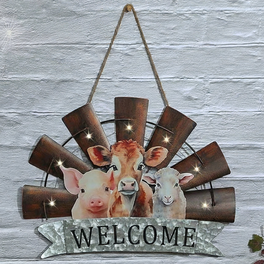 Welcome Windmill Sign With Farm Animals And LED Lights Hanging Decor