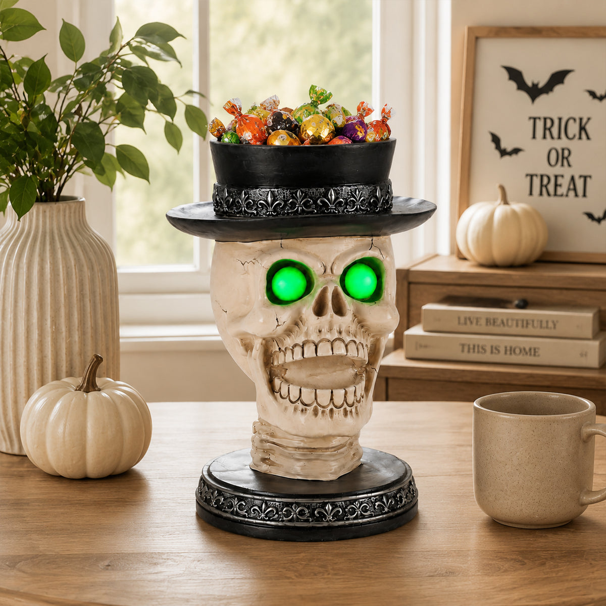 Halloween Skull Candle Holder with Glowing Green Eyes, Gothic Open Mouth Skeleton Head Statue with Black Top Hat, Spooky Tabletop Decor for Home Party - image 14