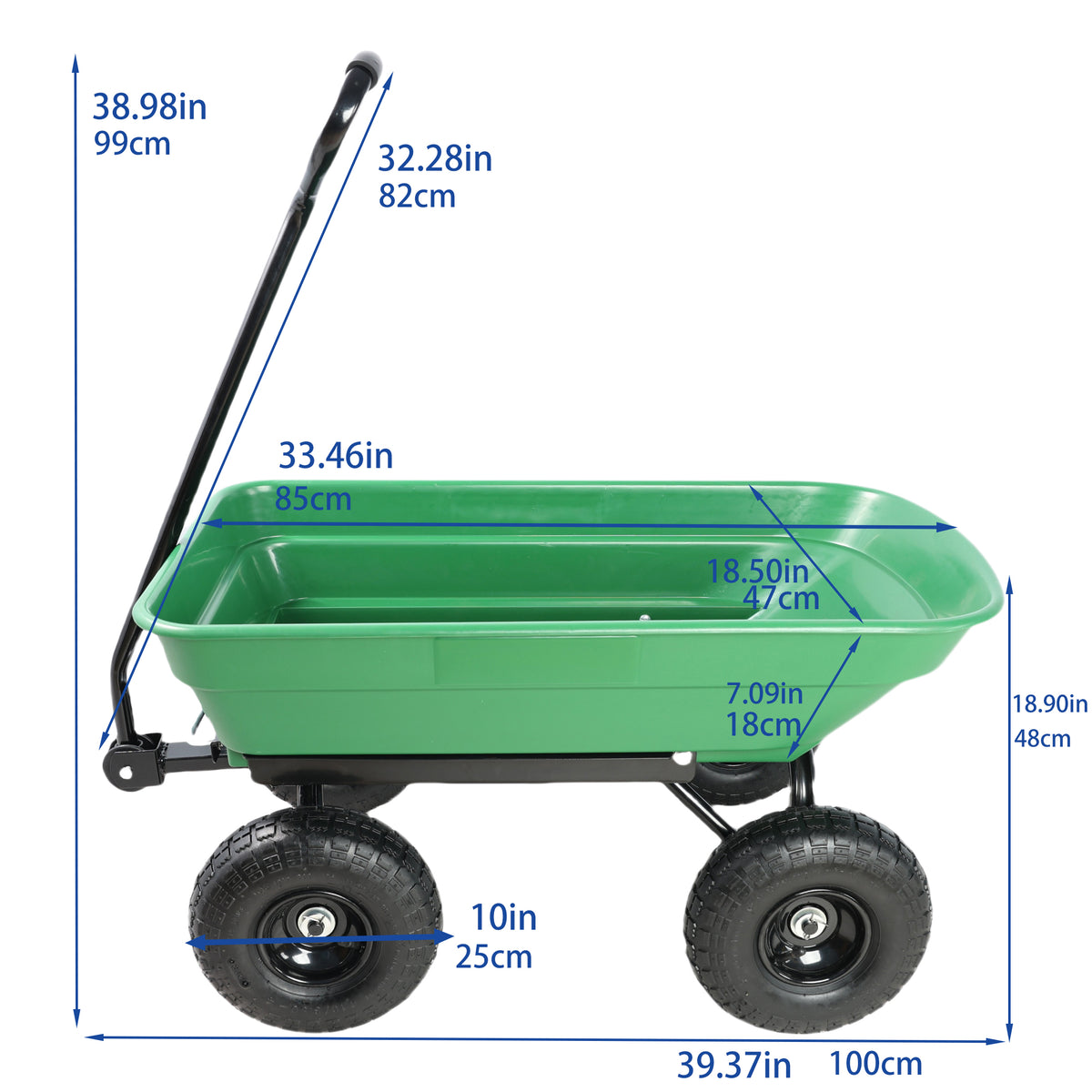 Folding car Poly Garden dump truck with steel frame, 10 inches. Pneumatic tire, 300 lb capacity body 55L Green - image 2