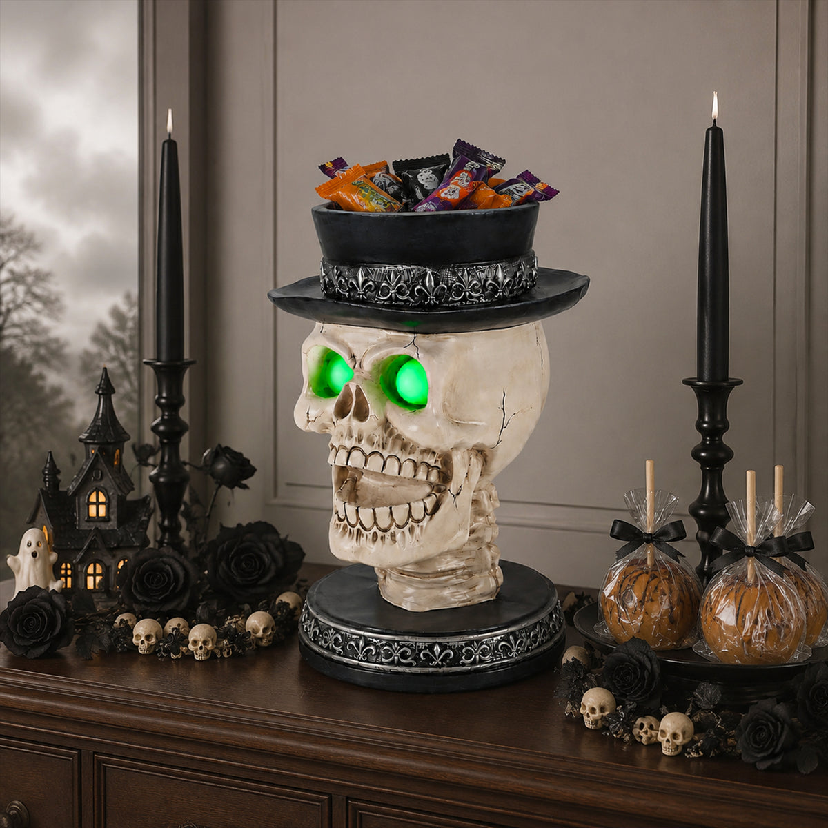 Halloween Skull Candle Holder with Glowing Green Eyes, Gothic Open Mouth Skeleton Head Statue with Black Top Hat, Spooky Tabletop Decor for Home Party - image 20