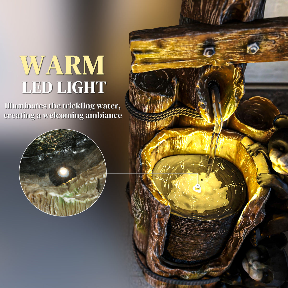 Outsunny 22.8" Outdoor Water Fountain, 3-Tier Floor Standing Resin Bears on Log Waterfall Fountain with LED Lights, Pump - image 8