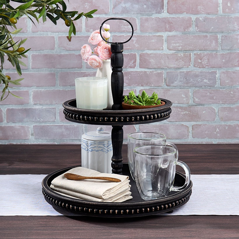 Beaded Wood Round Serving Trays