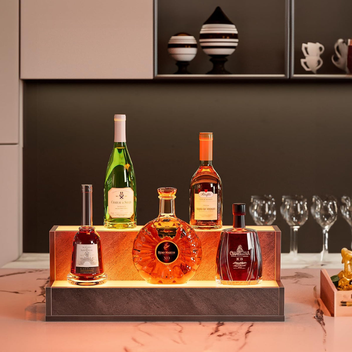 LED Lighted Liquor Bottle Display Shelf, 20 Inch Bar Display Shelf, DIY Illuminated Bottle Shelf with App & Remote Control, 2 Step Freestanding Holding Bottles for Home Bar, Party, Grey - image 7