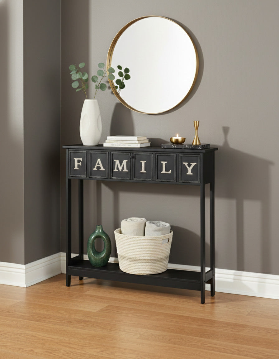 Rustic Wood Console Table with Galvanized Family Sentiment
