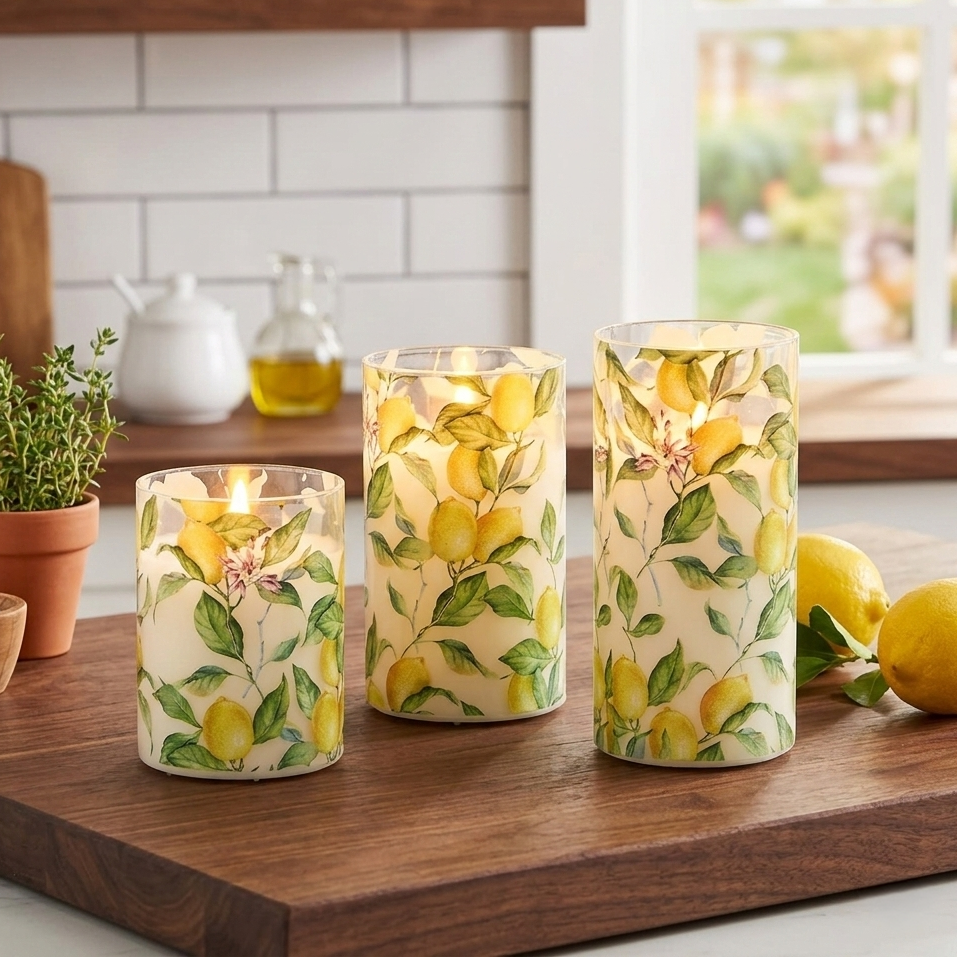 Set of 3 Lemon Themed Glass LED Candles