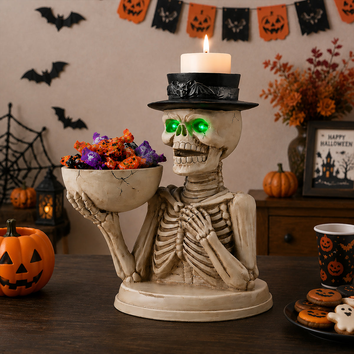 Halloween Skeleton Figurine with Storage Bowl & Candle Holder, Spooky Halloween Decor for Indoor Home - image 2